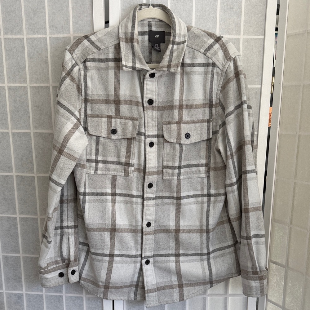 H&M Men's Flannel Striped Shirt Jacket - Gray and Brown